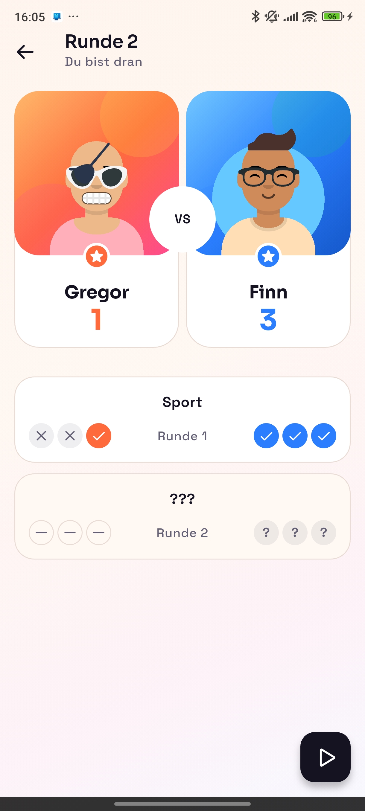 QuizRivals Duel-Uebersicht mit laufendem Match