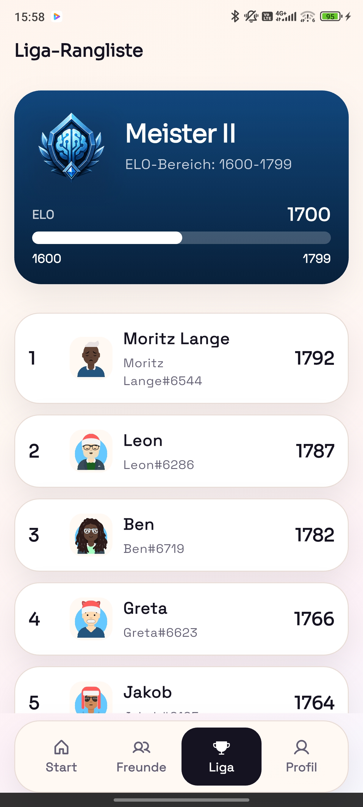 QuizRivals Ligaansicht mit Rangfortschritt